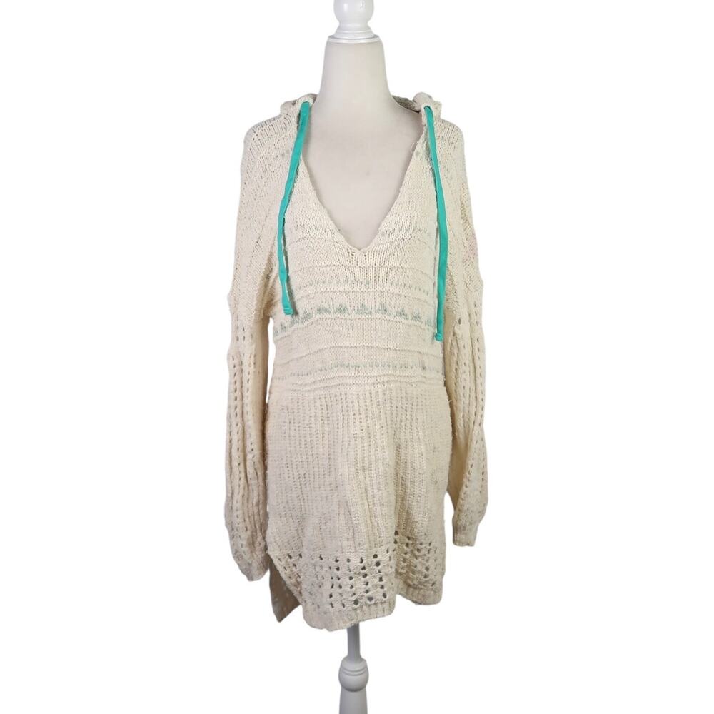 Free People Cream Crochet Knit Hooded Tunic Sweater XS